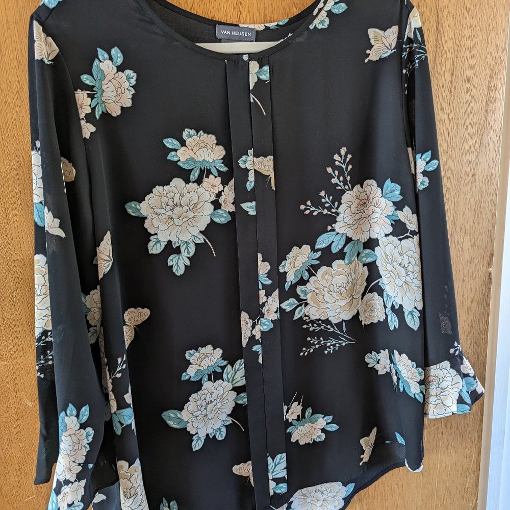 Van Heusen Black 3/4 Sleeve Chiffon Blouse, Black Floral Print, L